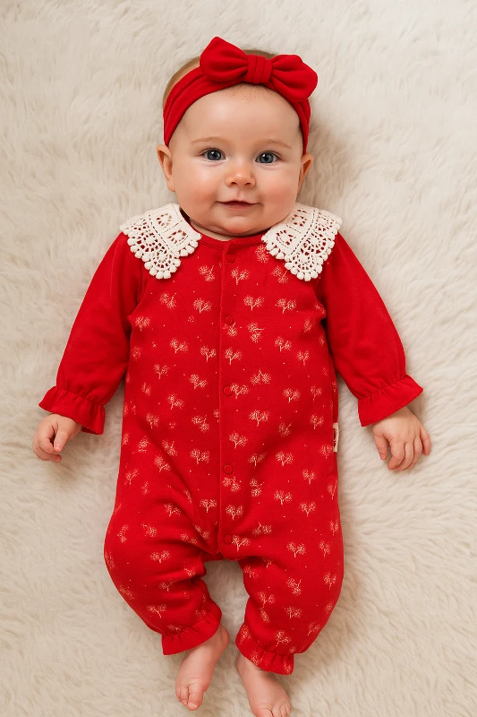 Fisto Yaka Detaylı Dal Desenli %100 Pamuk Bandanalı Tulum Set