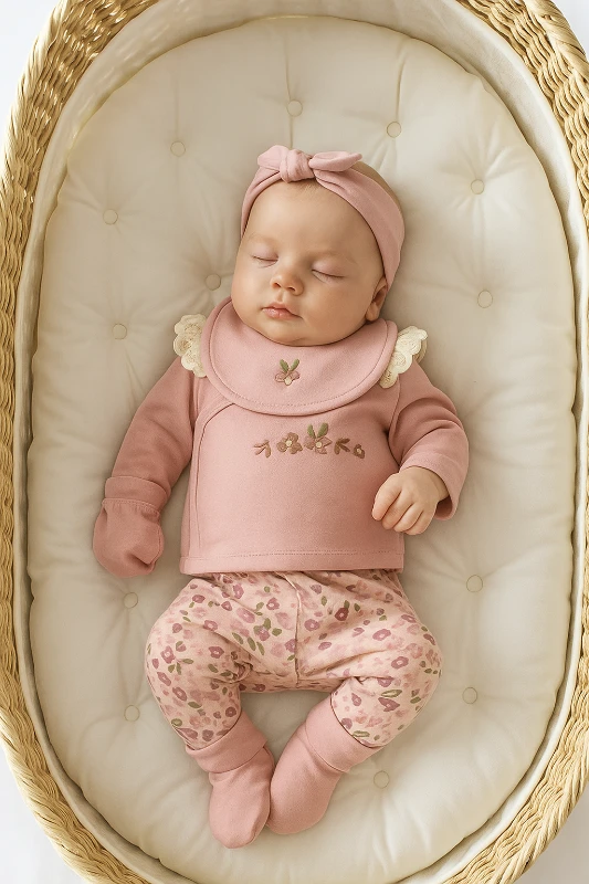 Çiçek Desenli 5 Parça %100 Pamuk Yenidoğan Seti 