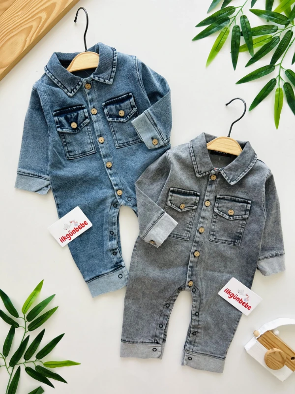 Likralı Yumuşacık Kot Kumaş Ahşap Düğmeli Tulum