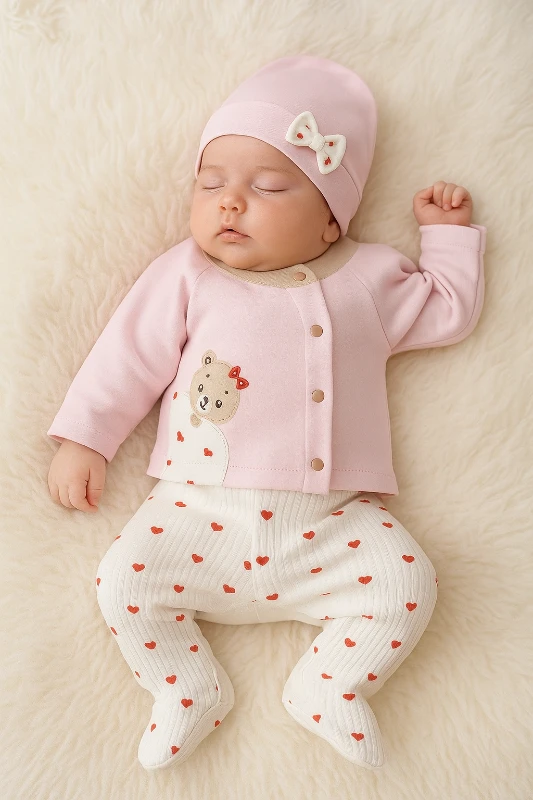 Kalp Desenli Teddy Bear 3 Parça Yenidoğan Hastane Çıkışı Seti