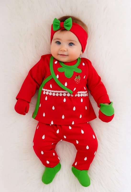 Çilek Desenli %100 Pamuk 5 Parça Yenidoğan Hastane Çıkışı Seti