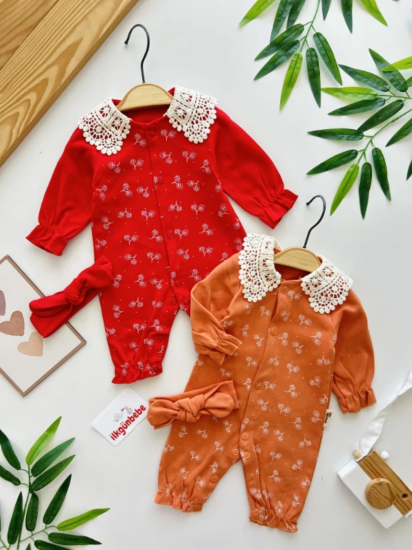 Fisto Yaka Detaylı Dal Desenli %100 Pamuk Bandanalı Tulum Set