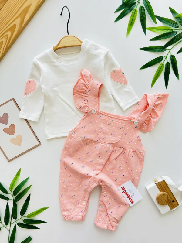 Çiçek Desenli Salopetli Kalpli Badili 2’li Takım