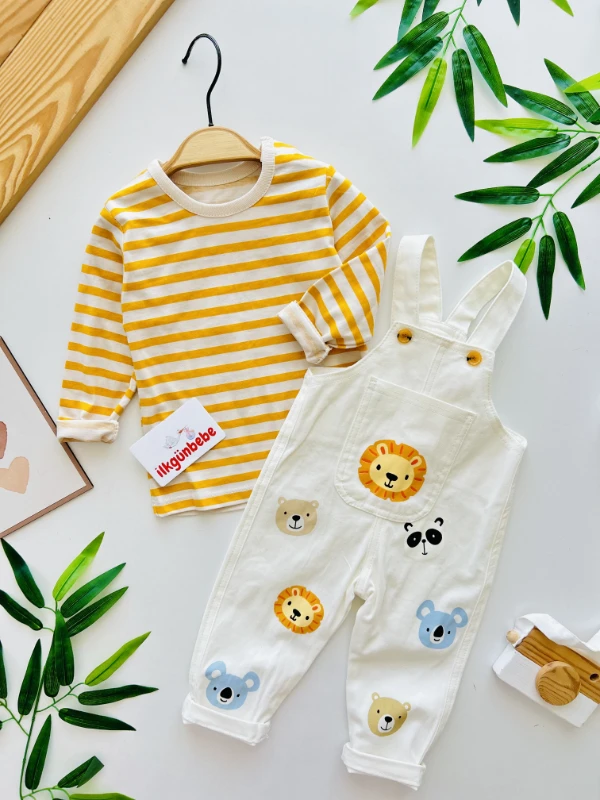 Sevimli Hayvanlar Temalı Kot Salopetli Çizgili Badili Set