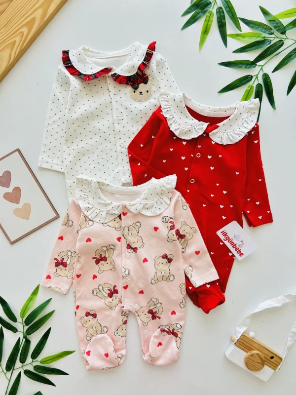 Teddy Kalp Desenli %100 Pamuk 3’lü Tulum Set