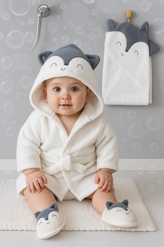 Tilki Desenli  %100 Pamuk Organik Terlikli 3 Parça Bornoz Seti