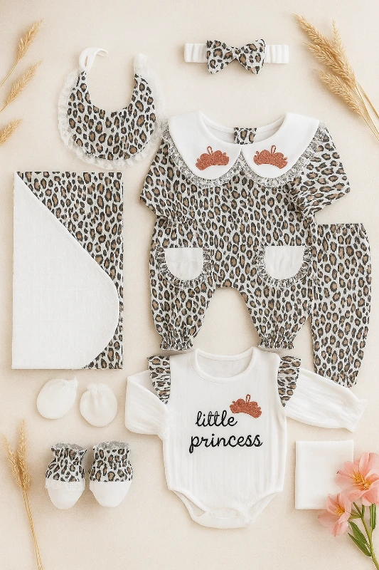 Little Prencess Leopar Desenli 10 Parça Müslin Kumaş Premium Kalite Yenidoğan Set