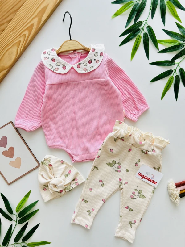 Ahududu Desenli %100 Pamuk Ribanalı Kumaş 3’lü Takım