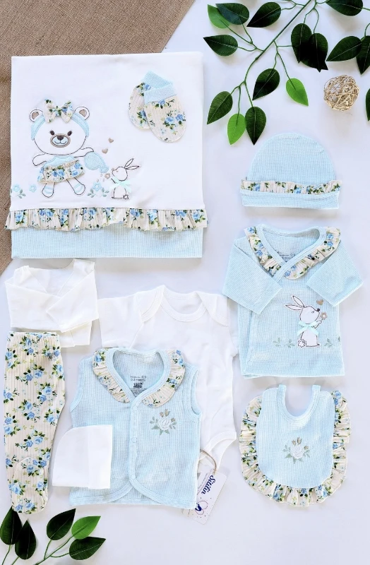 Sevimli Tavşan Çiçek Desenli 10 Parça Nefes Alan %100 Pamuk Kumaş Yenidoğan Takım