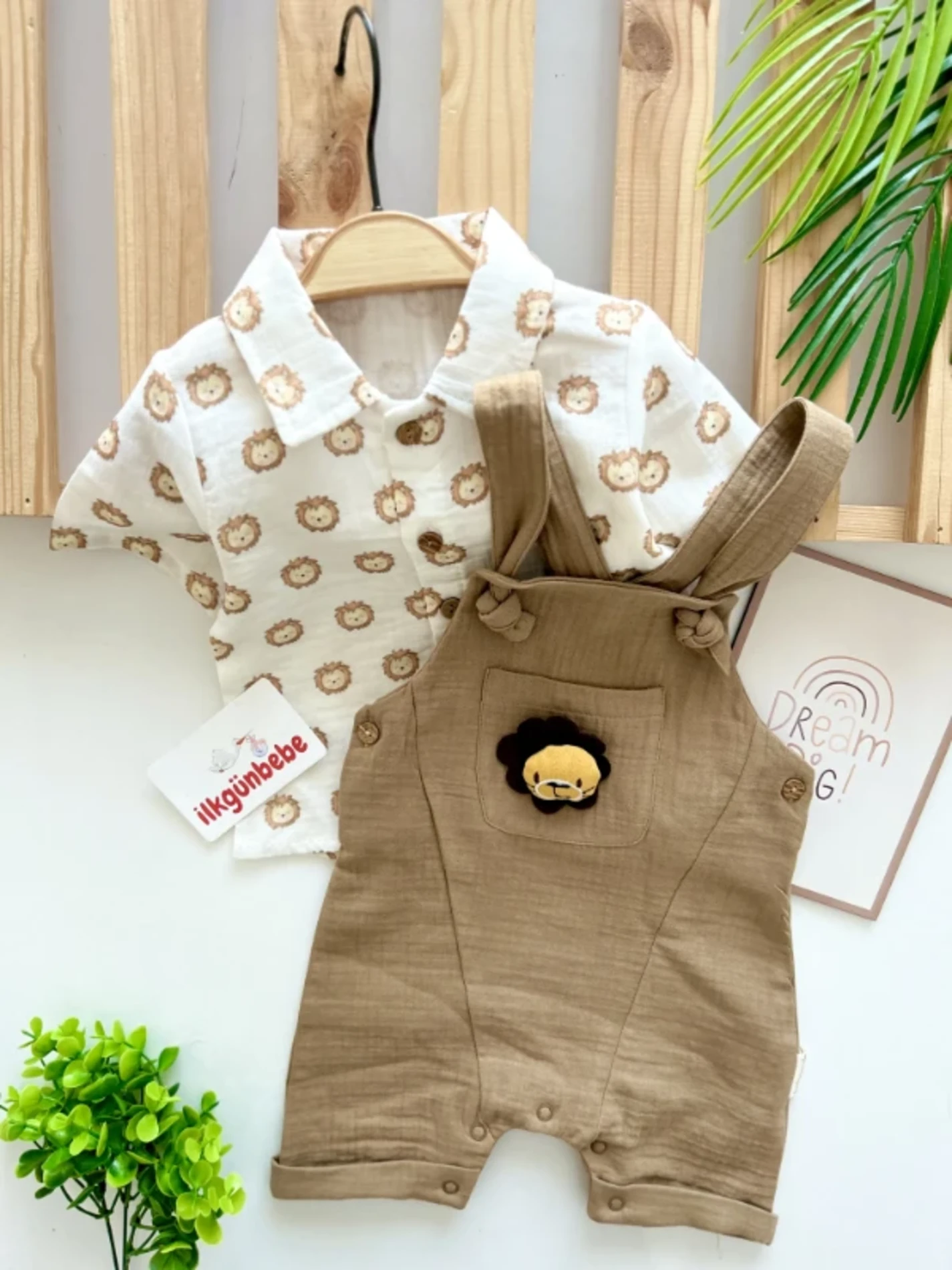  Aslan  Desenli %100 Müslin Kumaş Salopetli 2’li Premium Set