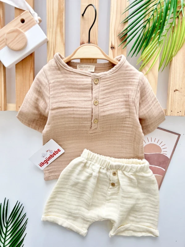Müslin Kumaş Düğme Detaylı Kaprili %100 Organik 2’li Yazlık Takım