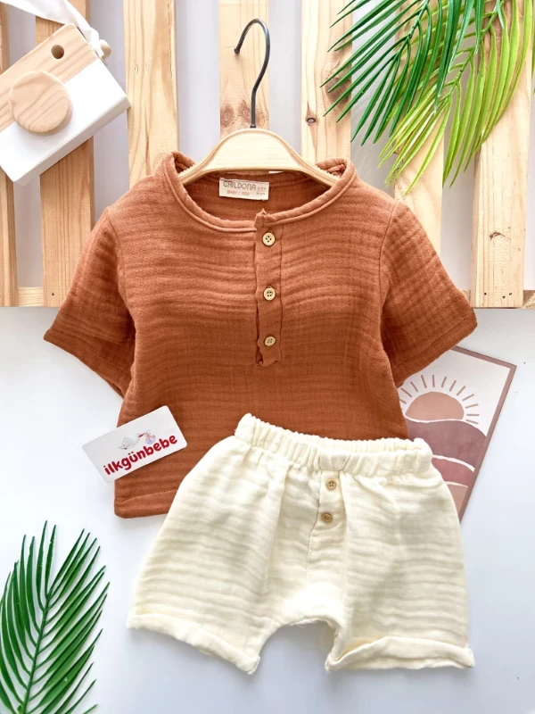 Müslin Kumaş Düğme Detaylı Kaprili %100 Organik 2’li Yazlık Takım