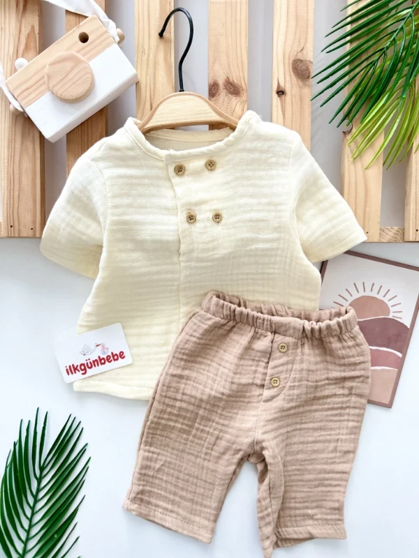 Müslin Kumaş Düğme Detaylı Kaprili %100 Organik 2’li Yazlık Takım