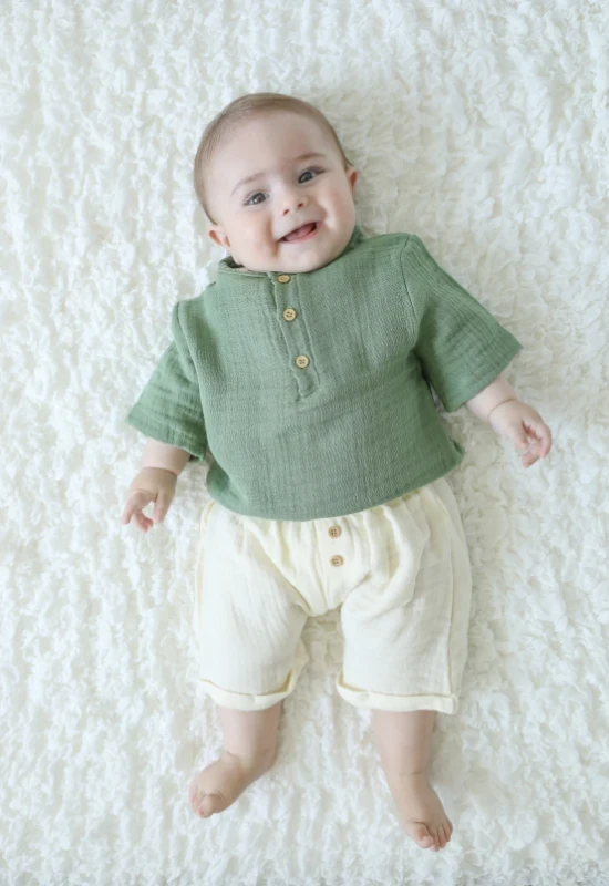 Müslin Kumaş Düğme Detaylı Kaprili %100 Organik 2’li Yazlık Takım