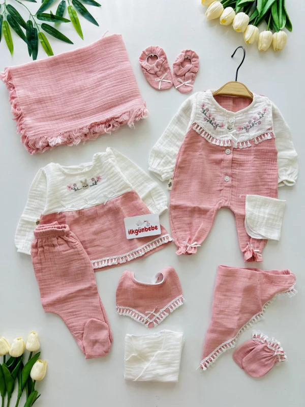 Müslin Kumaş Çiçek Nakışlı Premium Kalite 10 Parça Hastane Çıkış Seti