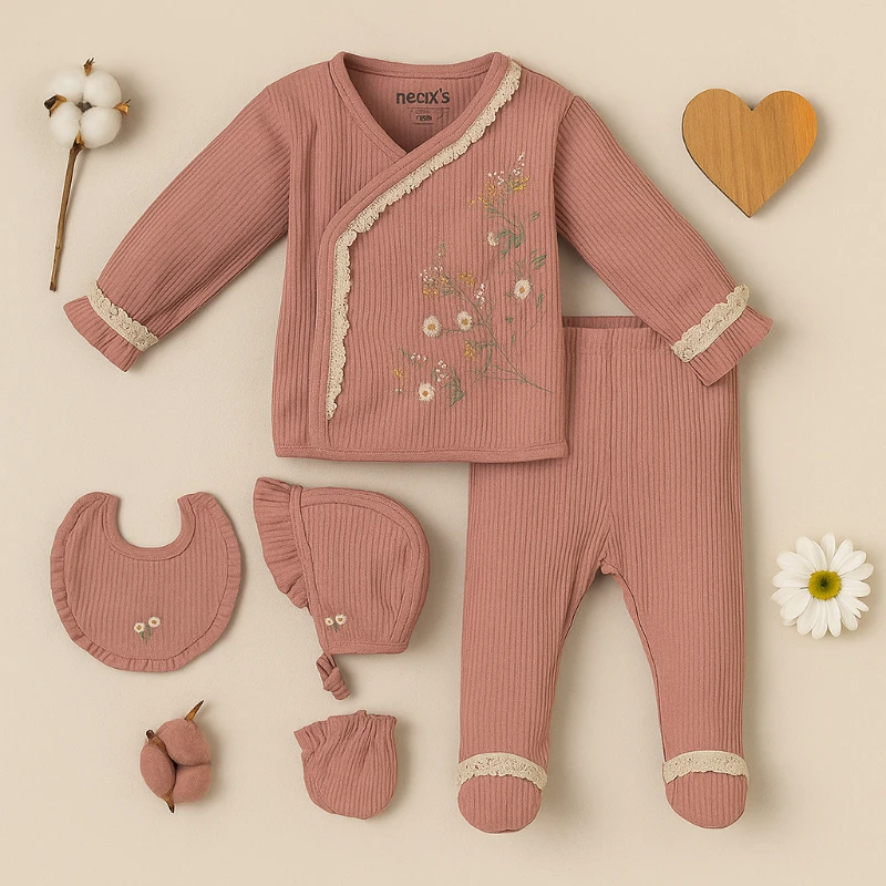  Çiçekli 5 Parça %100 Pamuk  Kumaş Yenidoğan Set