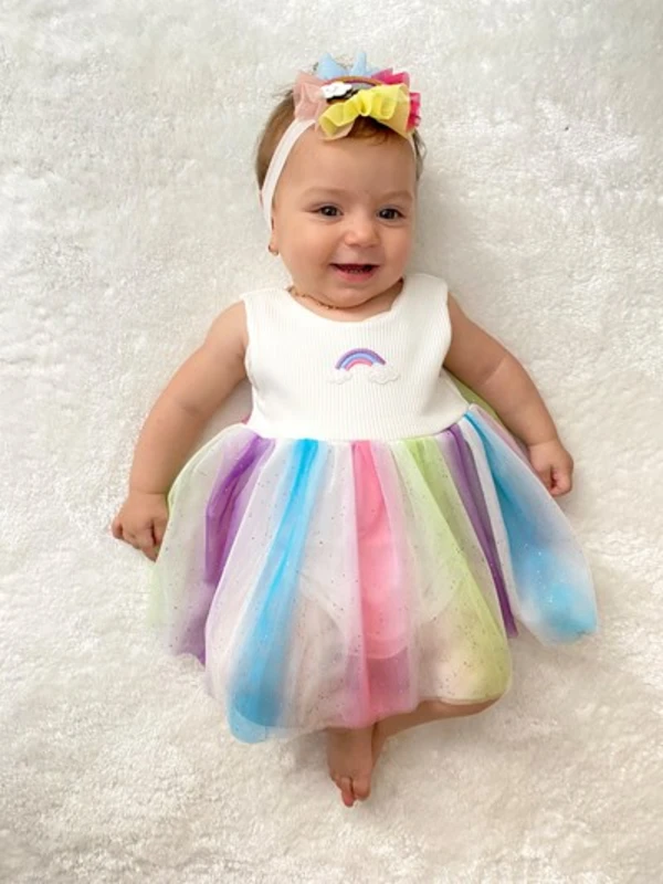 Gökkuşağı Baskılı Alttan Çıtçıtlı Tüllü Elbise