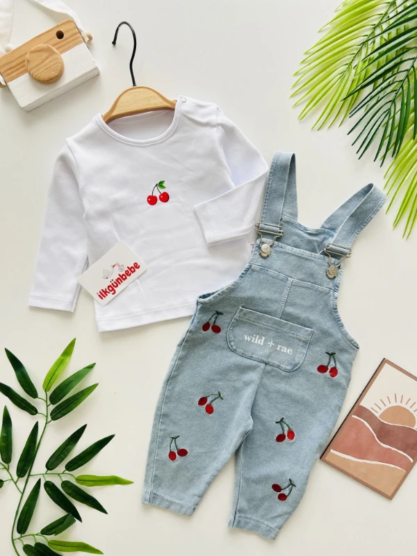 Kiraz Nakışlı Likralı Esnek Kumaş 2’li Salopet Takım