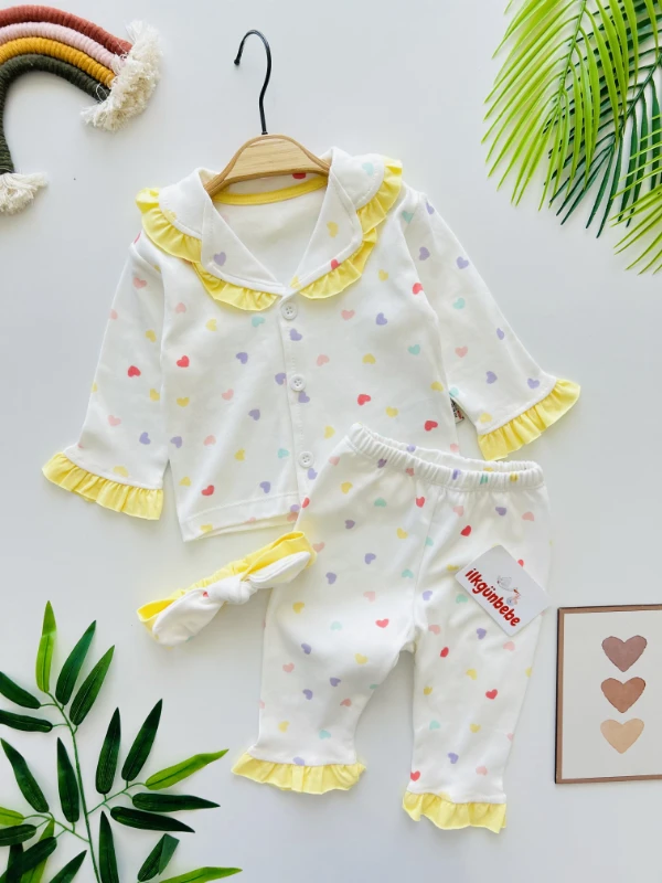 Kalp Desenli  Bebe Yakalı Bandanalı  %100 Pamuk Pijama Takımı