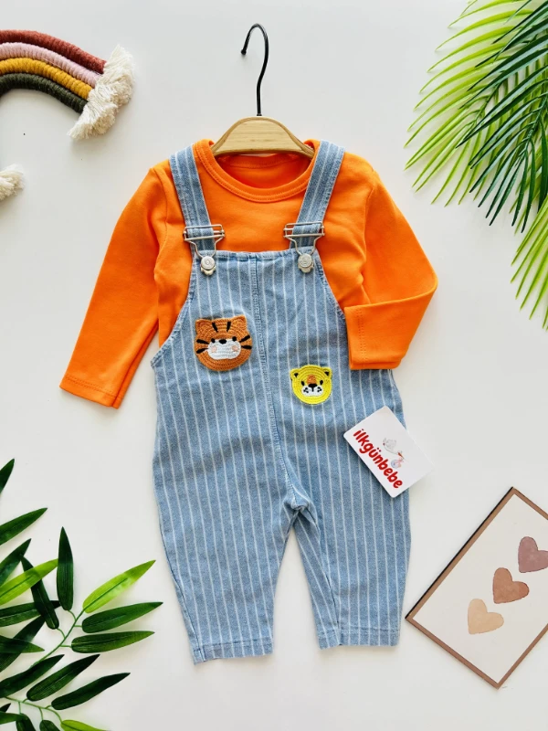 Animals Nakışlı Çizgili Likralı Kot Salopetli 2’li Set