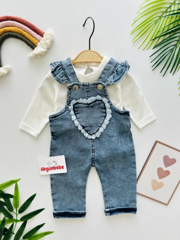 Kalp Nakışlı Likralı Kot Salopetli Esnek Kumaş Badili 2’li Takım