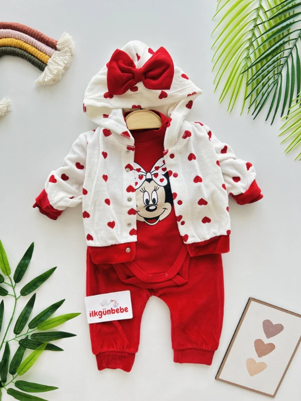 Minnie Mouse Kadife Kumaş Hırkalı 3’lü Premium Kalite Takım