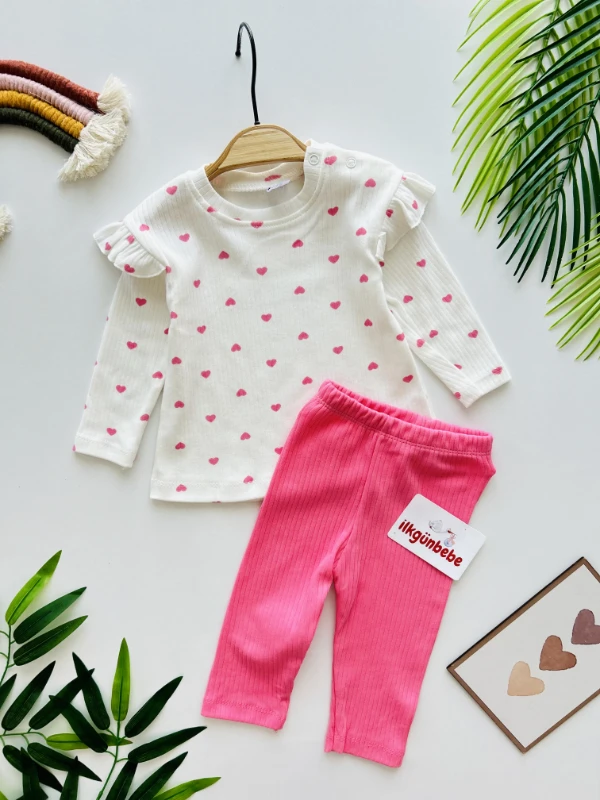 Kalp  Desenli Omuz Fırfırlı  2’li Mevsimlik Takım