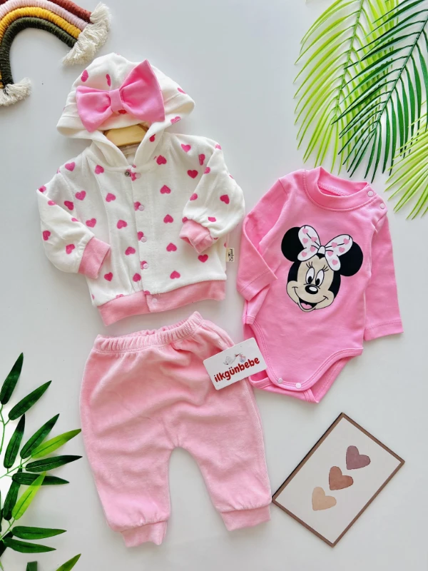 Minnie Mouse Kadife Kumaş Hırkalı 3’lü Premium Kalite Takım