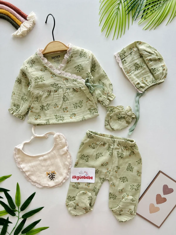 Yaprak Çiçekli 5 Parça %100 Pamuk Müslin Kumaş Yenidoğan Set