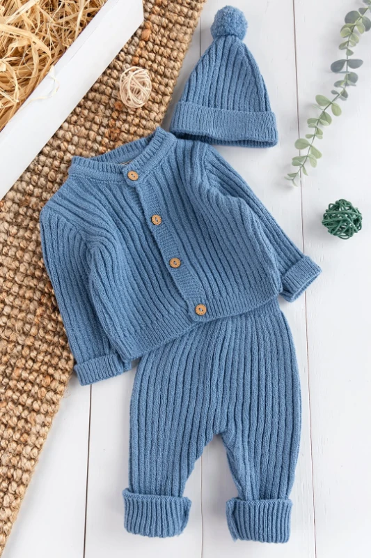 Lucas Şapkalı Düğmeli Triko Premium 3’lü Unisex Takım