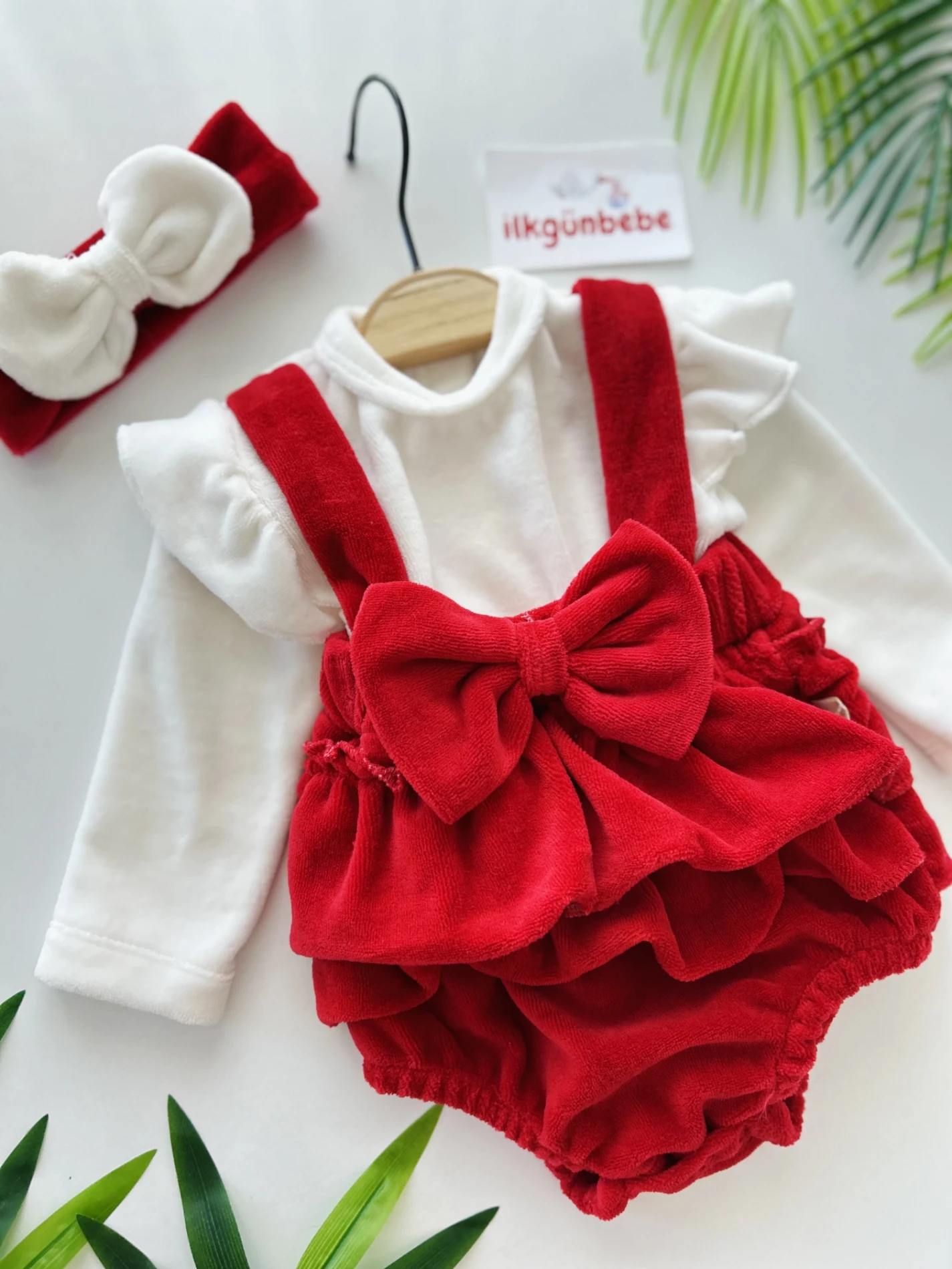 Fiyonklu Kadife Kumaş Bandana Elbise Set