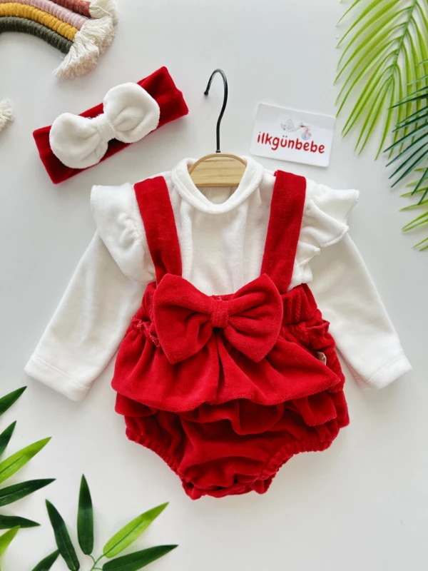 Fiyonklu Kadife Kumaş Bandana Elbise Set