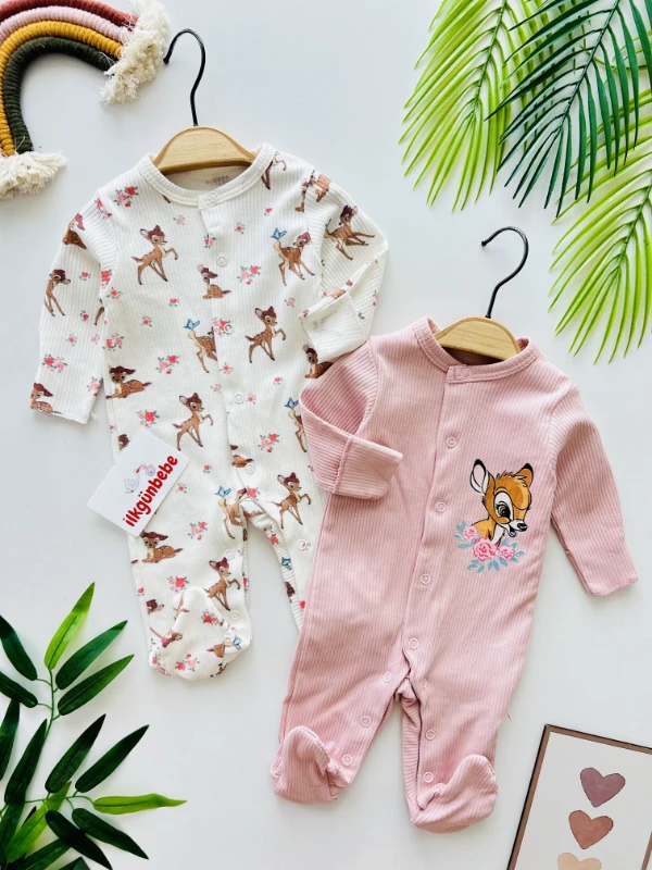 Geyik Desenli %100 Pamuk Ribanalı 2’li Tulum Set