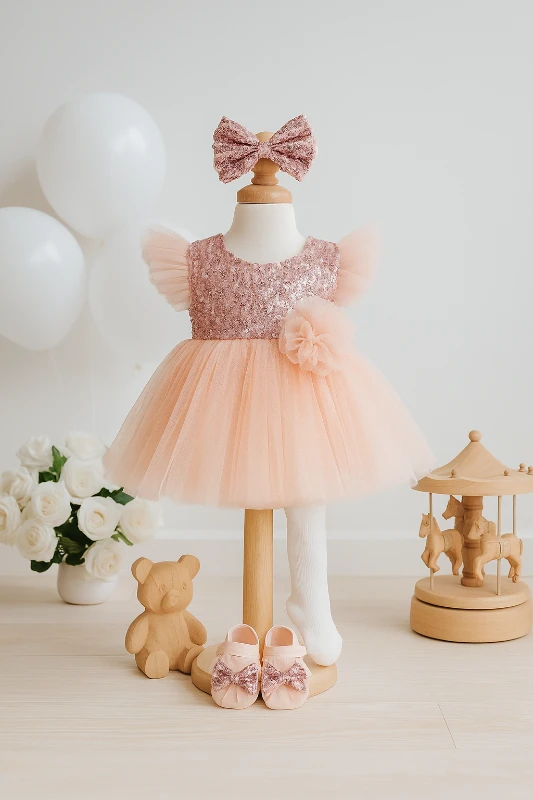 Payetli Özel Gün 4 Parça Fiyonk Bandanalı Külotlu Çoraplı  Elbise Set