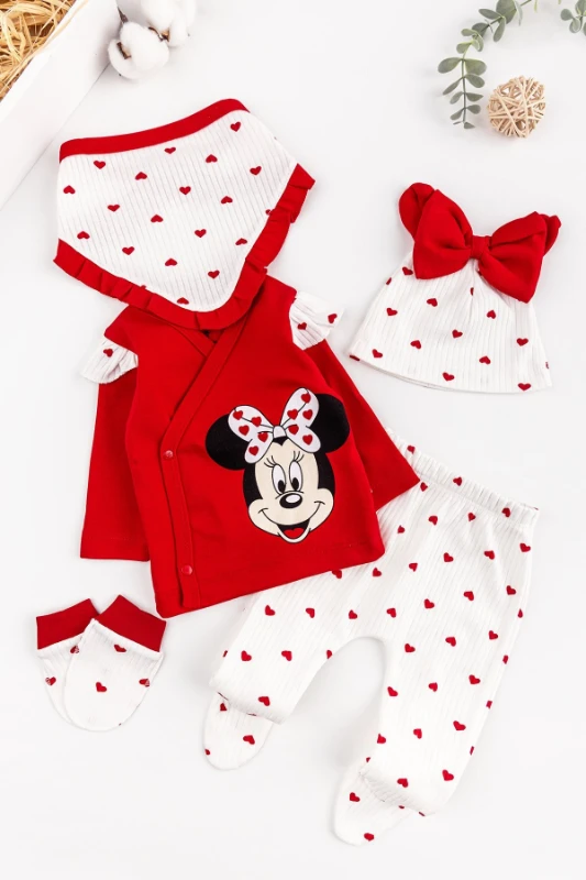 Minnie Mouse Baskılı Minik Kalp Detaylı    %100 Pamuk 5’li Hastane Çıkışı Seti