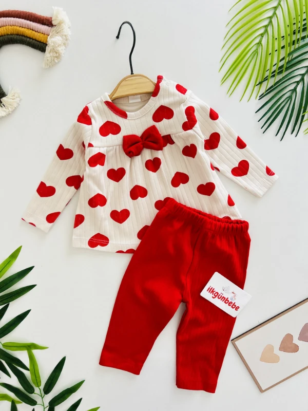 Fiyonklu Kalp Desenli %100 Pamuk 2’li Set