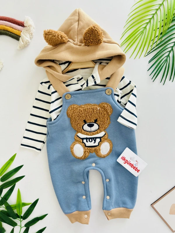 Toy 3 İp Şardonlu Polarlı Salopetli Kapüşonlu Çizgili Sweatli Takım