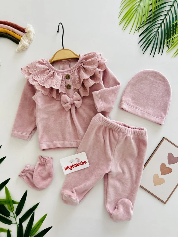 Kadife Kumaş Güpür Yakalı 4’lü Premium Kalite Set