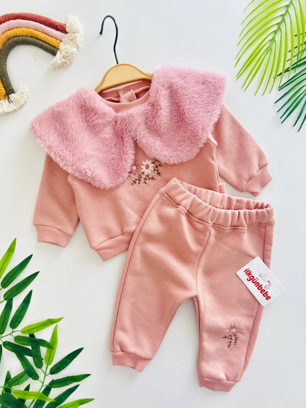 Peluş Kürk Yakalı Çiçek Desenli 3 İp Şardonlu 2’li Takım