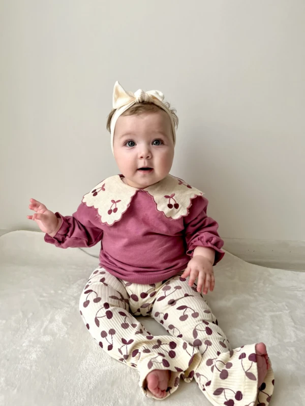 Kiraz Desenli  Ispanyol Paça Esnek  Pantolonlu  Fisto Yakalı Detay  Mevsimlik 2li Takım