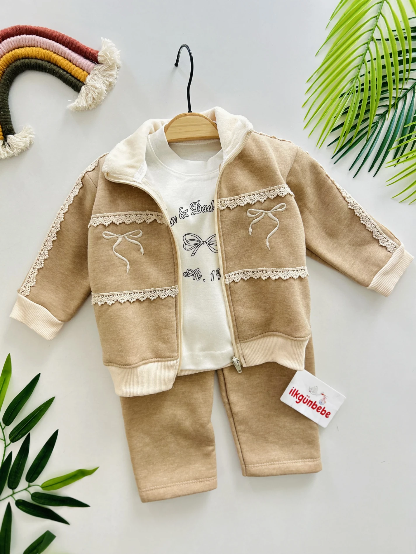 Fiyonk Desenli     3 İp İçi Şardonlu Kışlık 3’lü Premium Kalite Takım