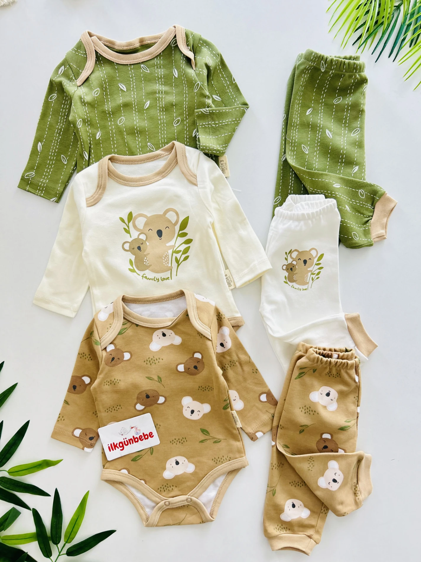 Koala Temalı Naturel %100 Pamuk 3 Alt 3 Üst 6’lı Set