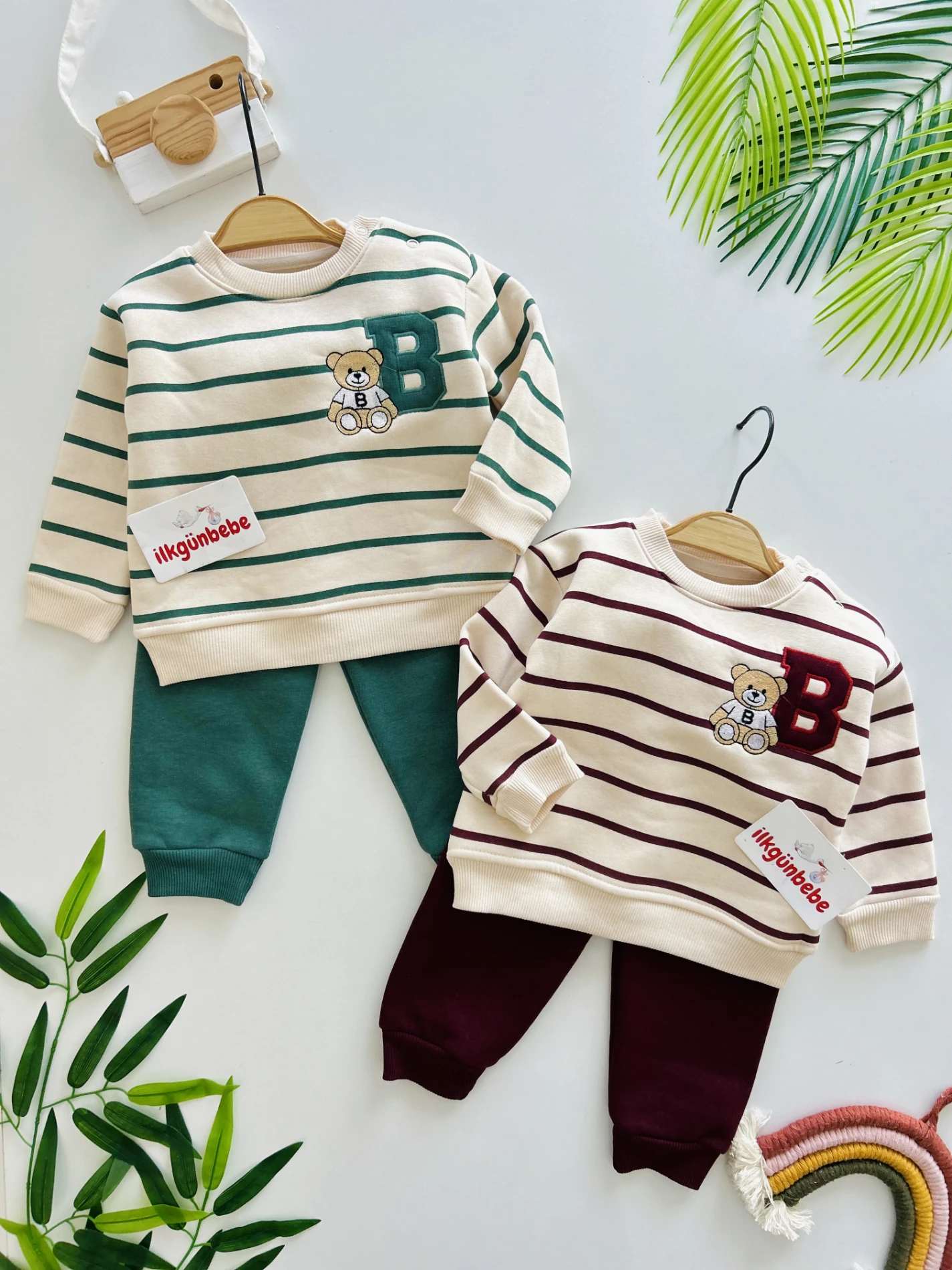 B Teddy Bear Nakışlı Çizgili 3 İp Şardonlu Kışlık Takım
