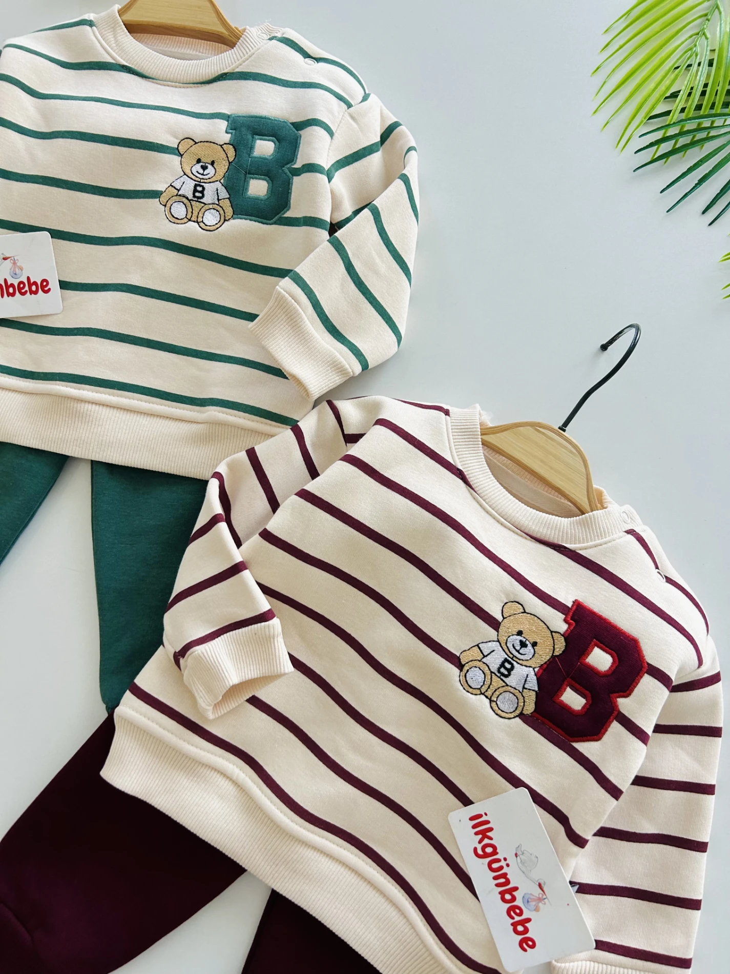 B Teddy Bear Nakışlı Çizgili 3 İp Şardonlu Kışlık Takım