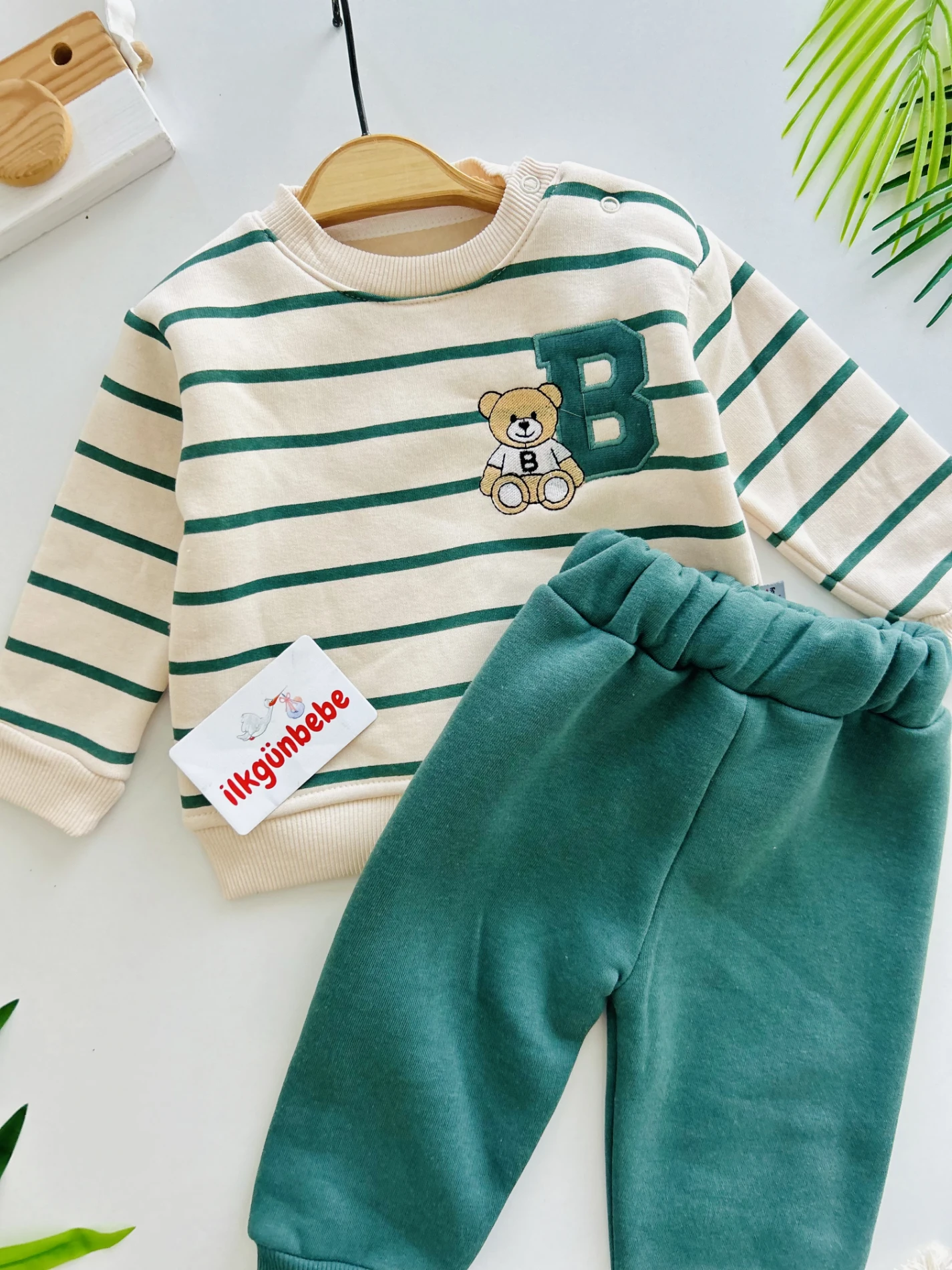 B Teddy Bear Nakışlı Çizgili 3 İp Şardonlu Kışlık Takım