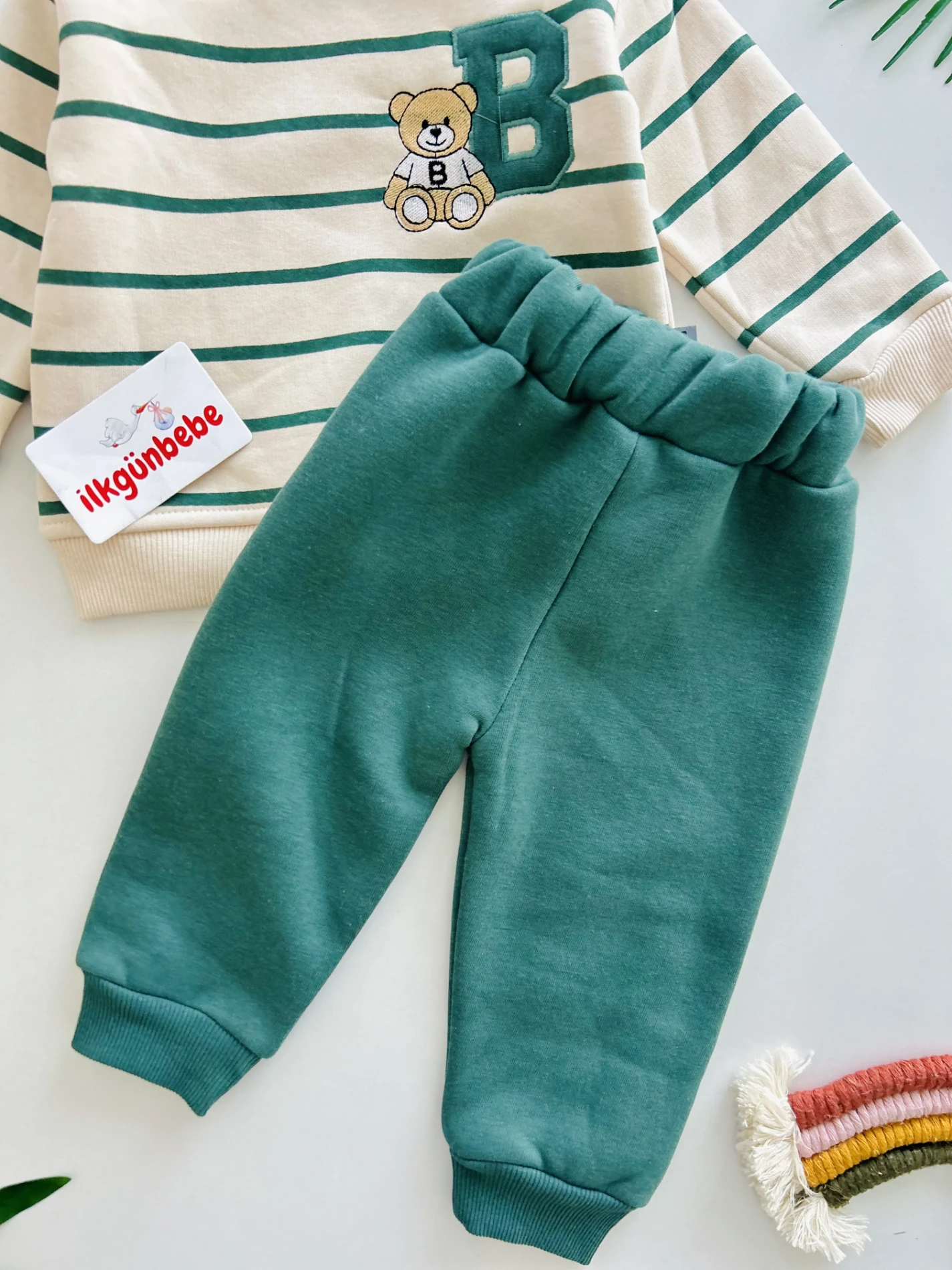 B Teddy Bear Nakışlı Çizgili 3 İp Şardonlu Kışlık Takım