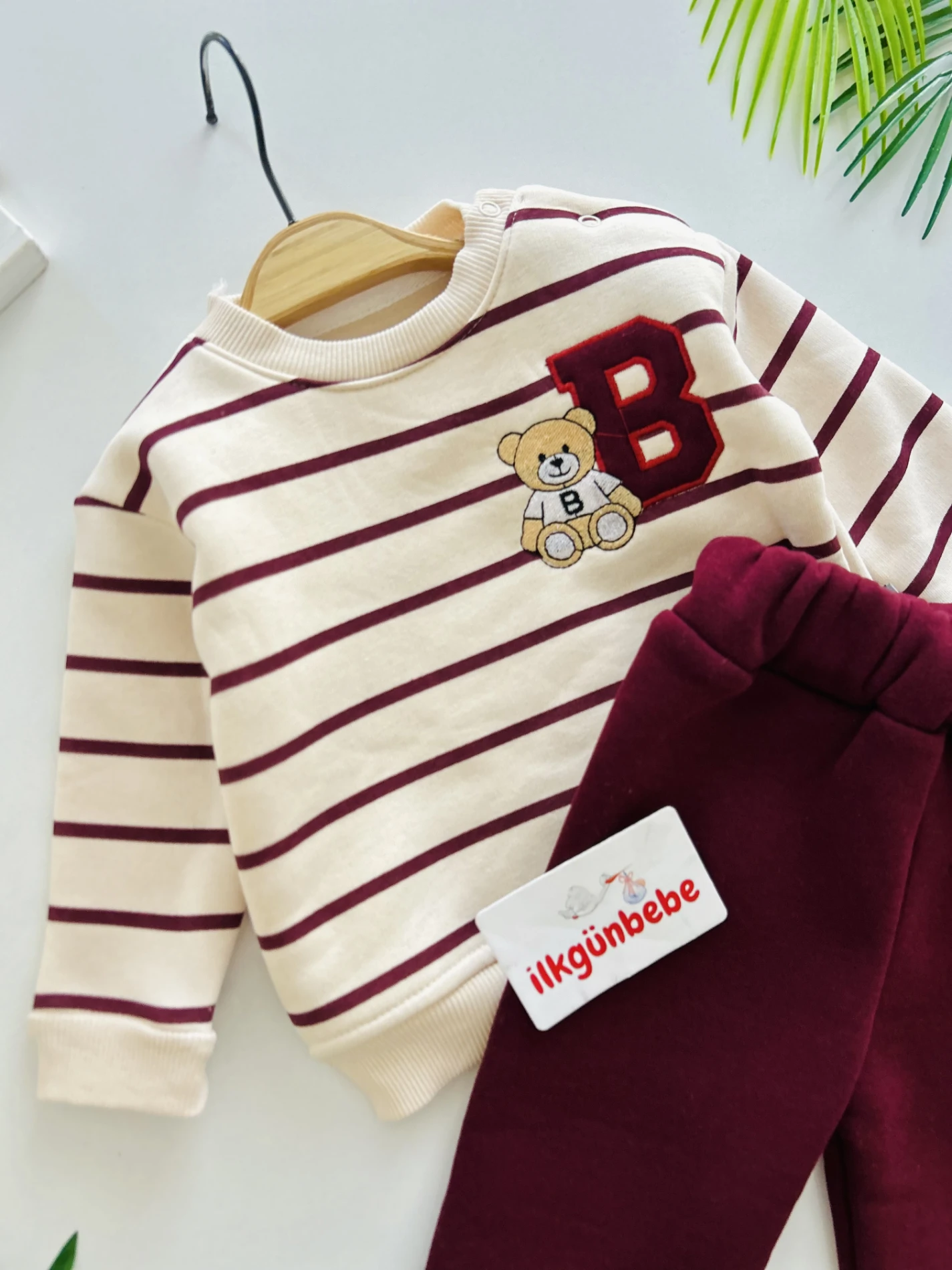 B Teddy Bear Nakışlı Çizgili 3 İp Şardonlu Kışlık Takım