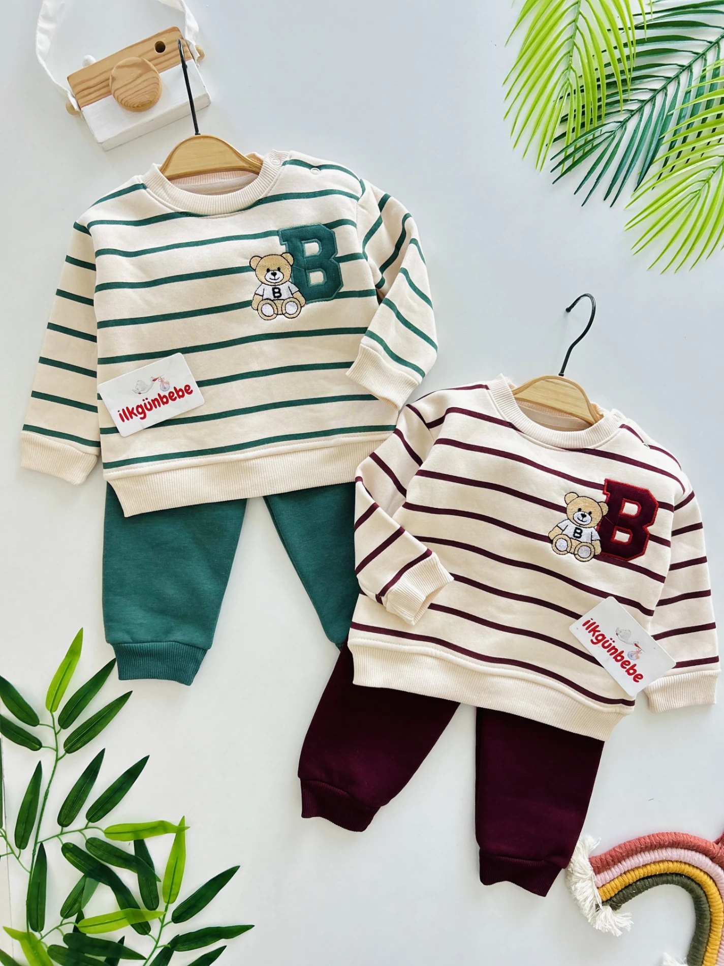 B Teddy Bear Nakışlı Çizgili 3 İp Şardonlu Kışlık Takım