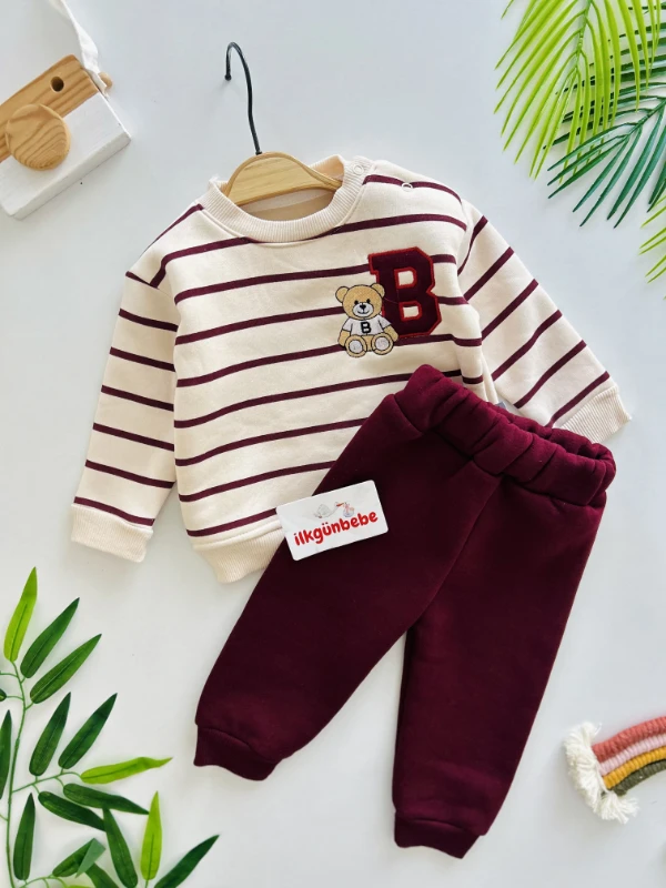B Teddy Bear Nakışlı Çizgili 3 İp Şardonlu Kışlık Takım