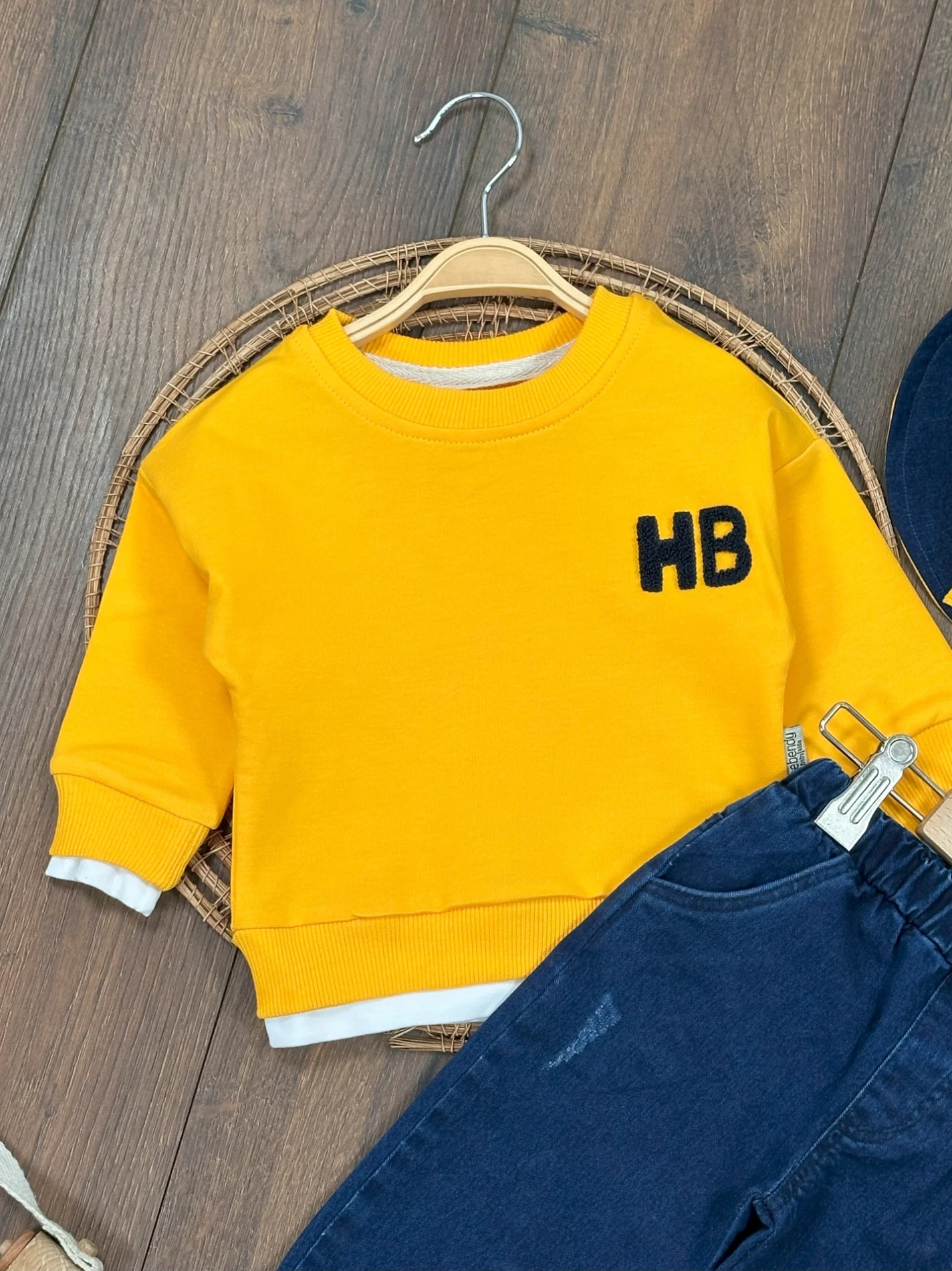 Likralı Kot Pantolon Çift Taraflı Şapka NakışlıSweatshirt 3lü  Takım